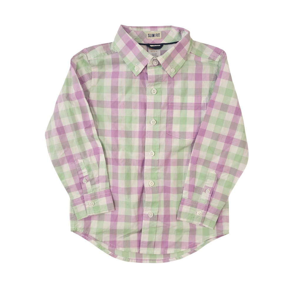 Gymboree Boys XS 3-4 Slim Fit Gingham Button‎ Down Shirt Purple Green Check